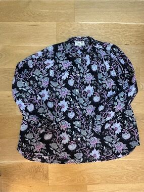MILLE Floral Print Button-Up Blouse in Black and Lavender.